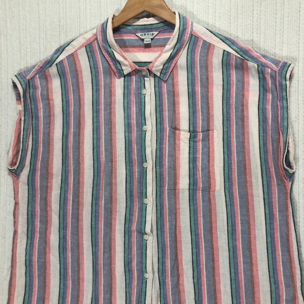 Orvis Women's Striped Linen Rayon Button‎ Up Sleeveless Shirt Top Blouse